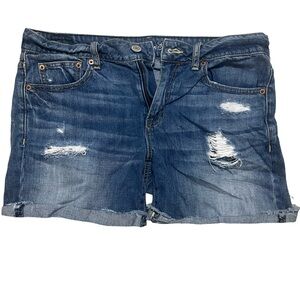 American Eagle Outfitters Blue Distressed Denim Shorts with Cuffed Hem - Midi